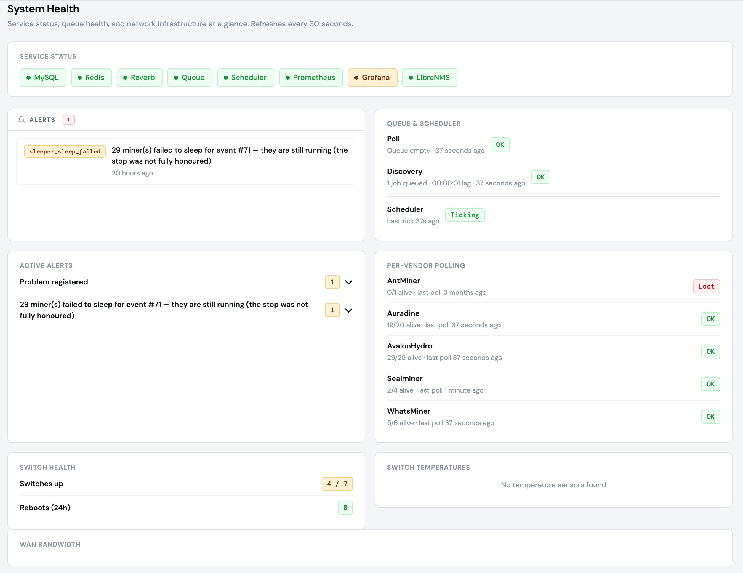 MMB System Health — service status for MySQL, Redis, Reverb, Queue, Scheduler, Prometheus, Grafana and LibreNMS, active alerts, queue and scheduler health, per-vendor polling and switch health