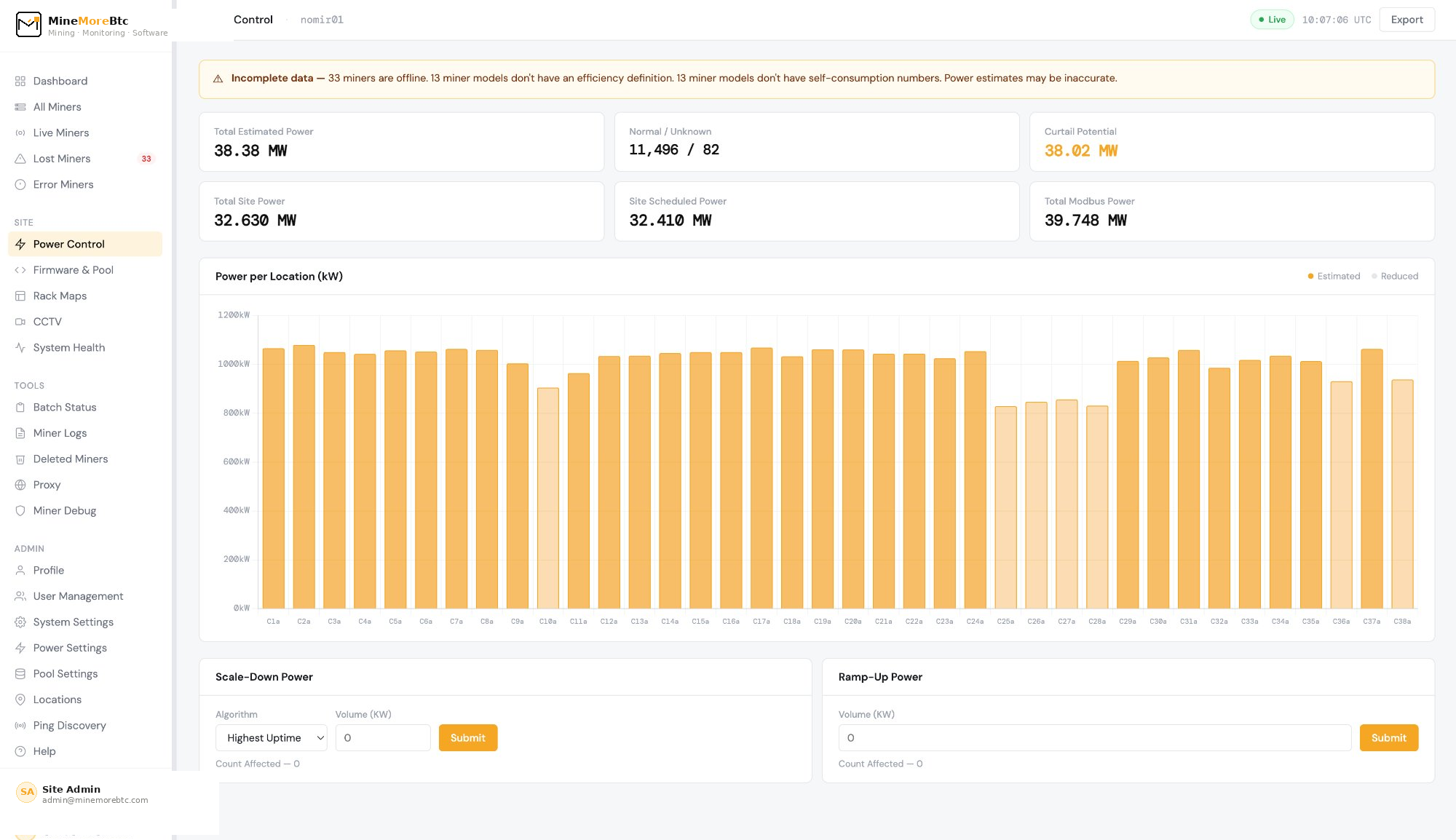 MMB Power Control — 38.38 MW estimated, per-location kW bar chart